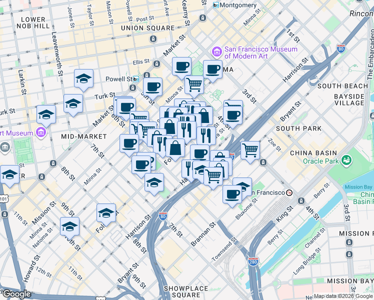 map of restaurants, bars, coffee shops, grocery stores, and more near 923 Folsom Street in San Francisco