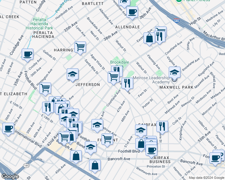 map of restaurants, bars, coffee shops, grocery stores, and more near 2290 High Street in Oakland