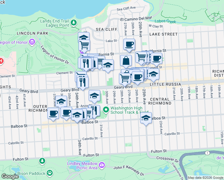 map of restaurants, bars, coffee shops, grocery stores, and more near 536 30th Avenue in San Francisco