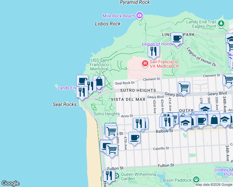 map of restaurants, bars, coffee shops, grocery stores, and more near 545 Point Lobos Avenue in San Francisco