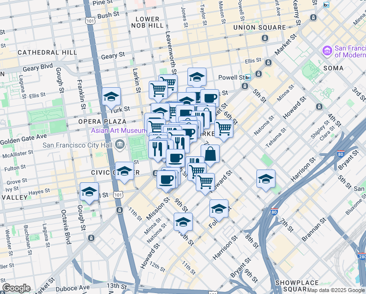 map of restaurants, bars, coffee shops, grocery stores, and more near 1150 Market Street in San Francisco