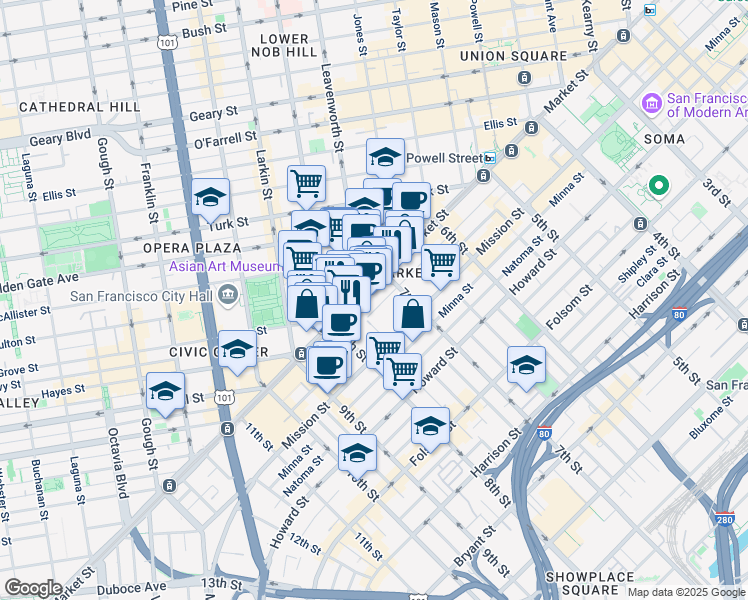 map of restaurants, bars, coffee shops, grocery stores, and more near 1127 Market Street in San Francisco