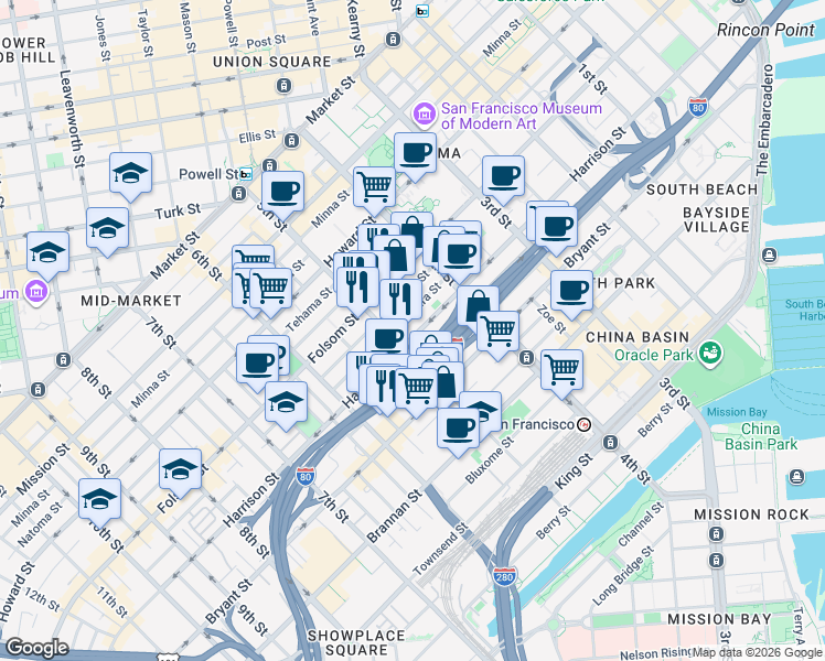 map of restaurants, bars, coffee shops, grocery stores, and more near 420 5th Street in San Francisco