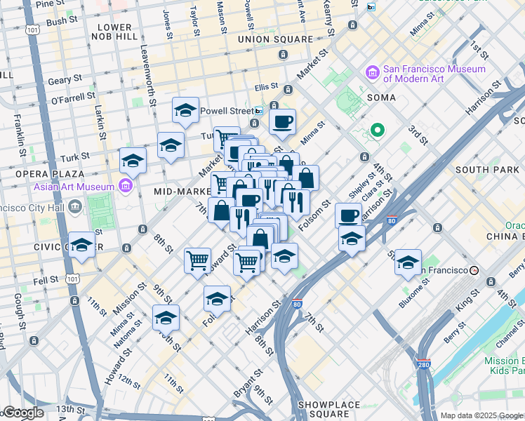 map of restaurants, bars, coffee shops, grocery stores, and more near 2 Harriet Street in San Francisco