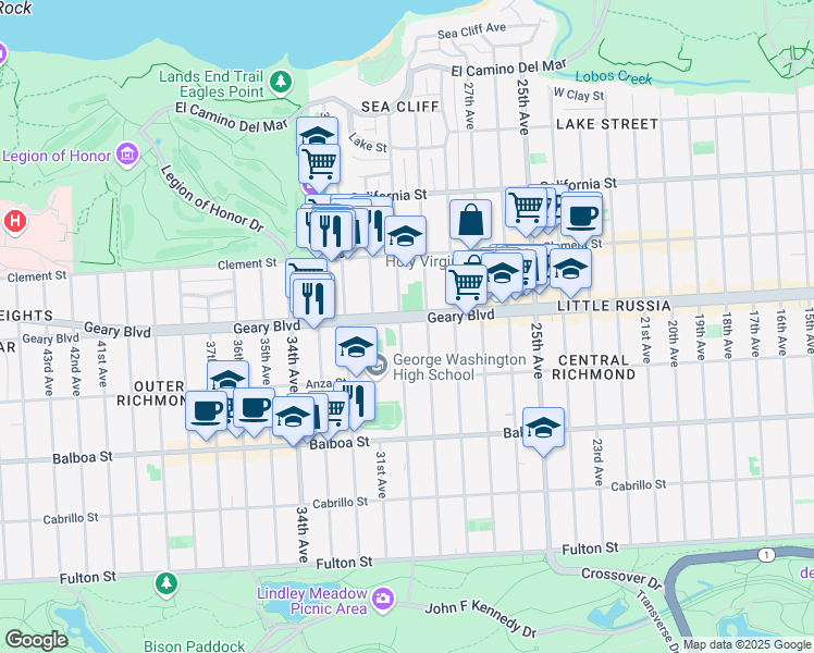 map of restaurants, bars, coffee shops, grocery stores, and more near 536 30th Avenue in San Francisco