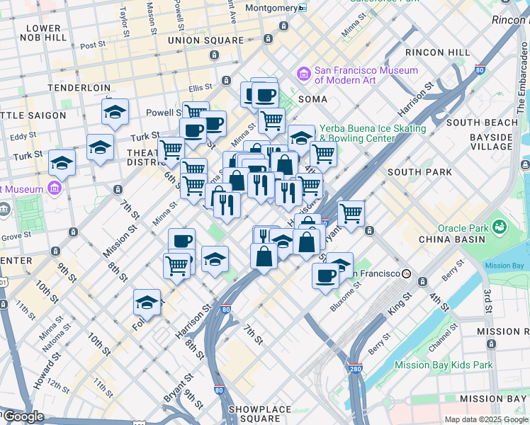 map of restaurants, bars, coffee shops, grocery stores, and more near 923 Folsom Street in San Francisco