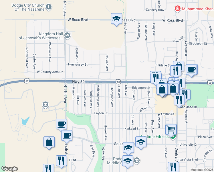 map of restaurants, bars, coffee shops, grocery stores, and more near 2513 Howell Avenue in Dodge City