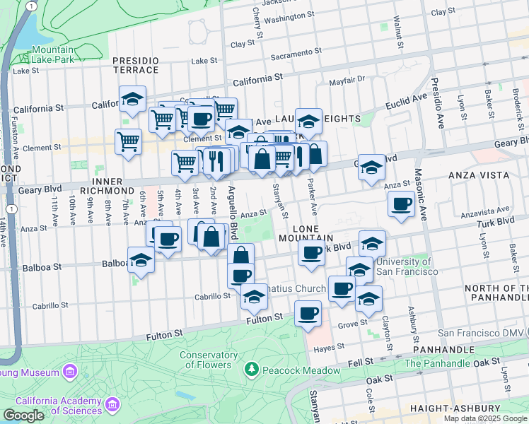 map of restaurants, bars, coffee shops, grocery stores, and more near Anza Street & Loraine Court in San Francisco