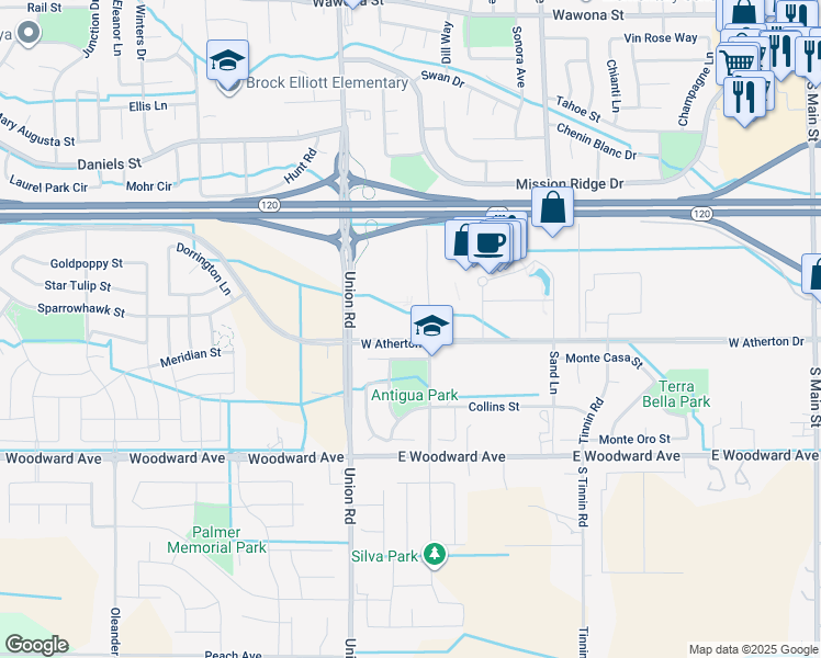 map of restaurants, bars, coffee shops, grocery stores, and more near 1037 Barbados Street in Manteca