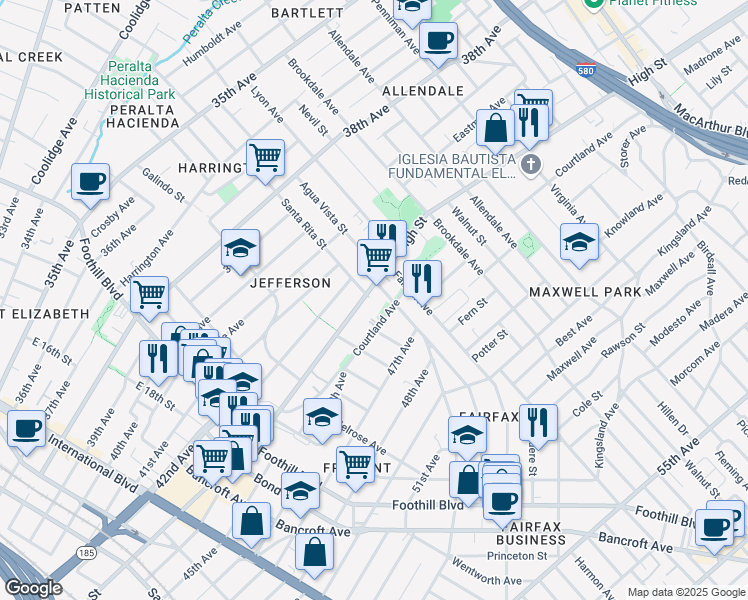 map of restaurants, bars, coffee shops, grocery stores, and more near 2311 Courtland Avenue in Oakland