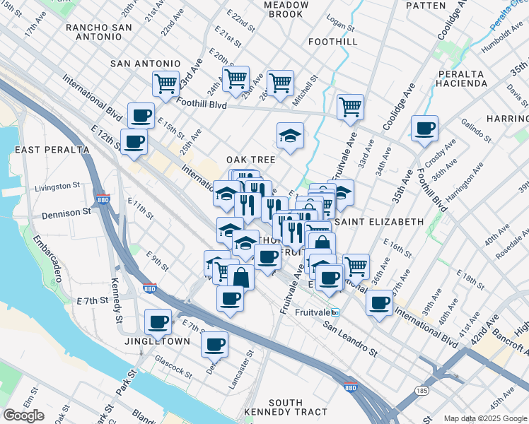 map of restaurants, bars, coffee shops, grocery stores, and more near 2920 International Boulevard in Oakland