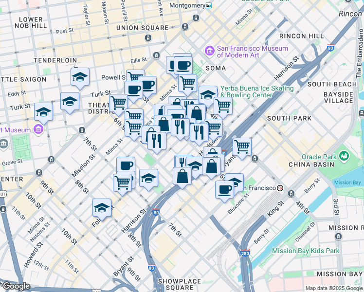 map of restaurants, bars, coffee shops, grocery stores, and more near 222 Clara Street in San Francisco