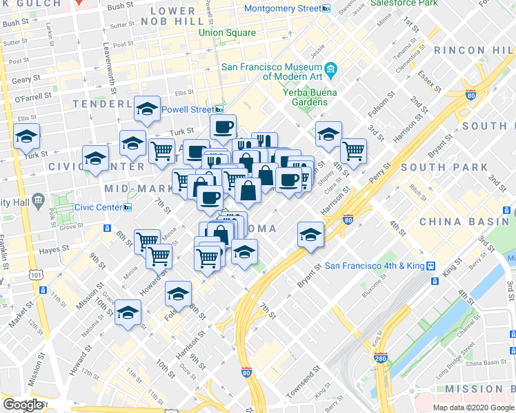 map of restaurants, bars, coffee shops, grocery stores, and more near 270 6th Street in San Francisco