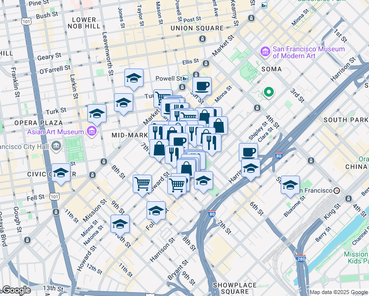 map of restaurants, bars, coffee shops, grocery stores, and more near 2 Harriet Street in San Francisco