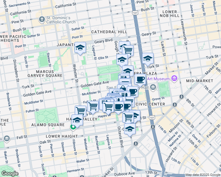 map of restaurants, bars, coffee shops, grocery stores, and more near 550 Fulton Street in San Francisco