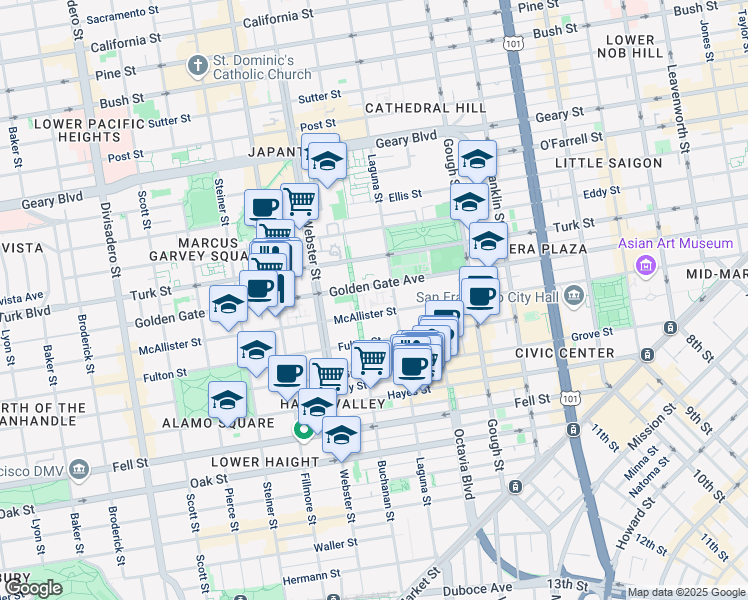 map of restaurants, bars, coffee shops, grocery stores, and more near 984 Buchanan Street in San Francisco