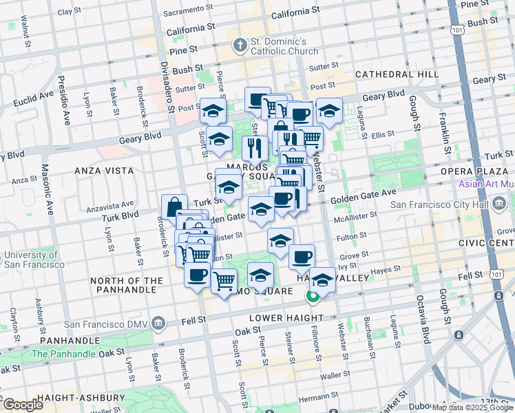 map of restaurants, bars, coffee shops, grocery stores, and more near 1455 Golden Gate Avenue in San Francisco