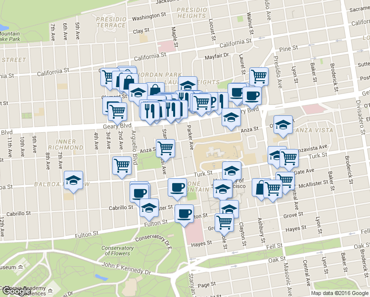 map of restaurants, bars, coffee shops, grocery stores, and more near 401 Parker Avenue in San Francisco