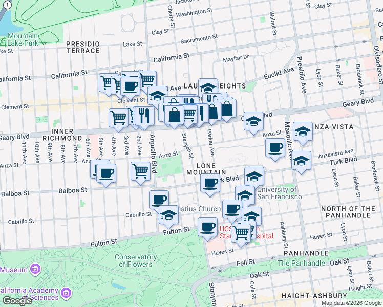 map of restaurants, bars, coffee shops, grocery stores, and more near 148 Stanyan Street in San Francisco
