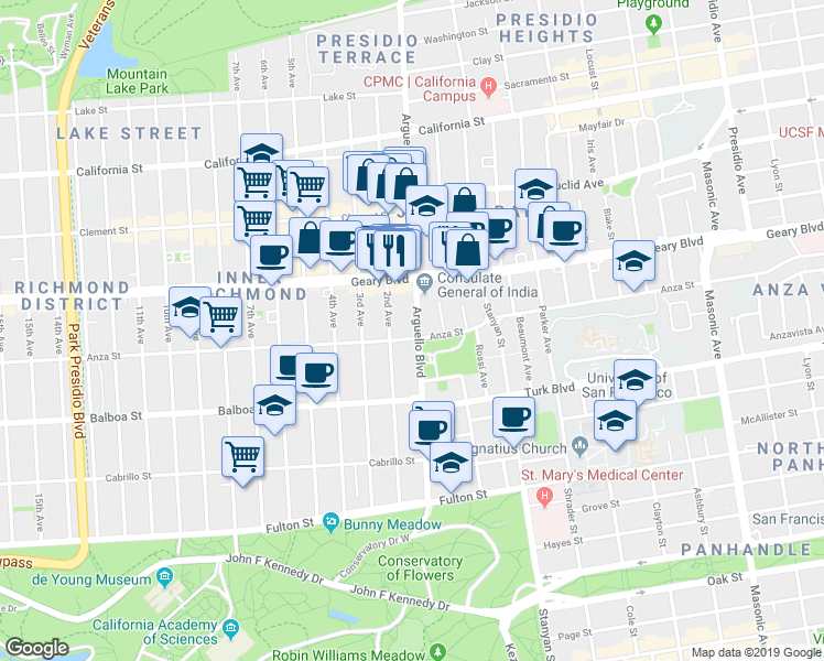 map of restaurants, bars, coffee shops, grocery stores, and more near 600 Arguello Boulevard in San Francisco