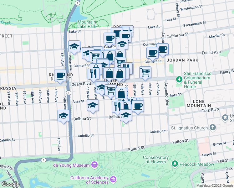 map of restaurants, bars, coffee shops, grocery stores, and more near 1653 Anza Street in San Francisco