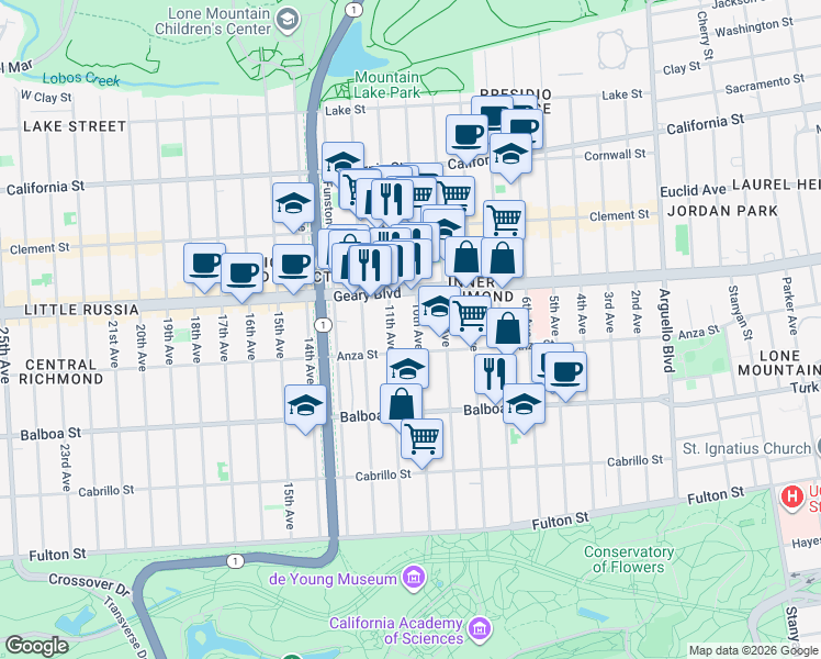 map of restaurants, bars, coffee shops, grocery stores, and more near 1932 Anza Street in San Francisco