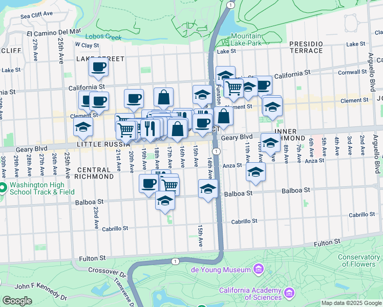 map of restaurants, bars, coffee shops, grocery stores, and more near 481 16th Avenue in San Francisco