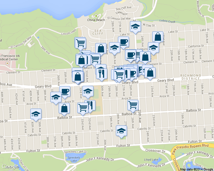 map of restaurants, bars, coffee shops, grocery stores, and more near 536 30th Avenue in San Francisco