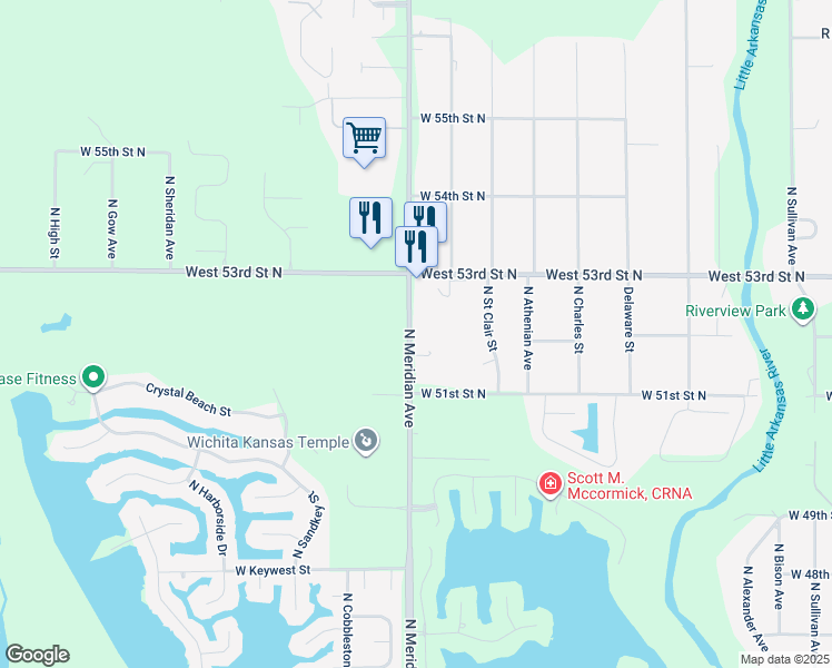 map of restaurants, bars, coffee shops, grocery stores, and more near 5244 North Meridian Avenue in Wichita