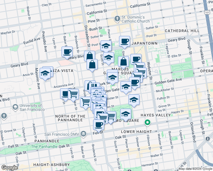 map of restaurants, bars, coffee shops, grocery stores, and more near 1051 Scott Street in San Francisco
