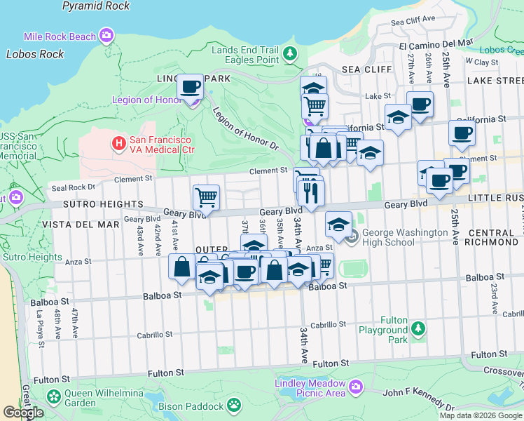 map of restaurants, bars, coffee shops, grocery stores, and more near Geary Blvd & 36th Ave in San Francisco