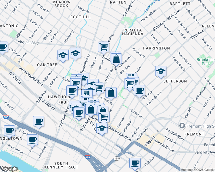 map of restaurants, bars, coffee shops, grocery stores, and more near 1609 36th Avenue in Oakland