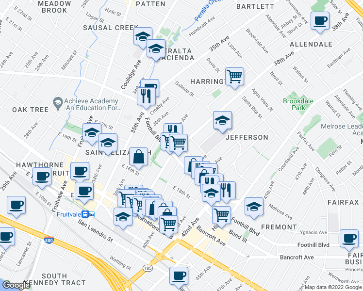 map of restaurants, bars, coffee shops, grocery stores, and more near 3800 San Juan Street in Oakland