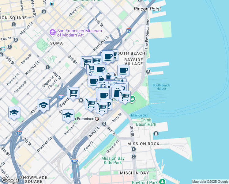 map of restaurants, bars, coffee shops, grocery stores, and more near 21 Clarence Place in San Francisco