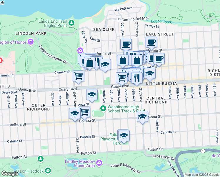 map of restaurants, bars, coffee shops, grocery stores, and more near 6509 Geary Boulevard in San Francisco