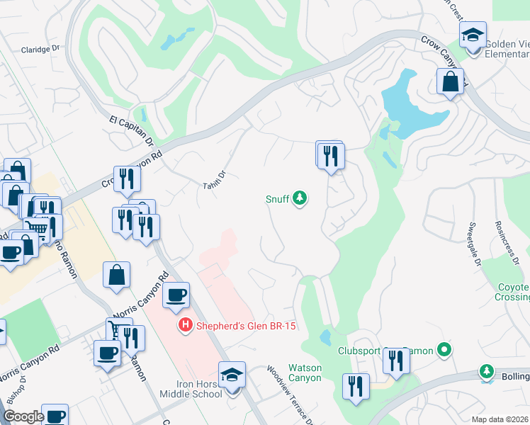 map of restaurants, bars, coffee shops, grocery stores, and more near 180 Canyon Lakes Way in San Ramon