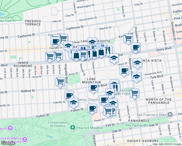 map of restaurants, bars, coffee shops, grocery stores, and more near 401 Parker Avenue in San Francisco