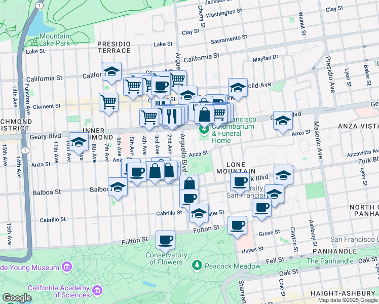 map of restaurants, bars, coffee shops, grocery stores, and more near 600 Arguello Boulevard in San Francisco