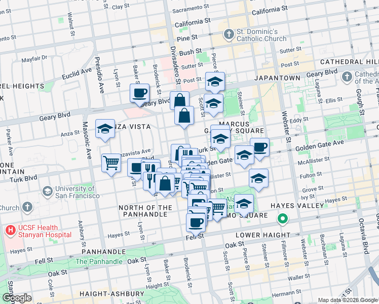 map of restaurants, bars, coffee shops, grocery stores, and more near Divisadero St & Turk St in San Francisco