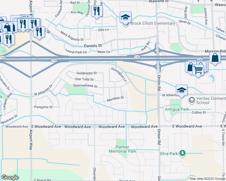 map of restaurants, bars, coffee shops, grocery stores, and more near 1546 Red Ribbons Lane in Manteca