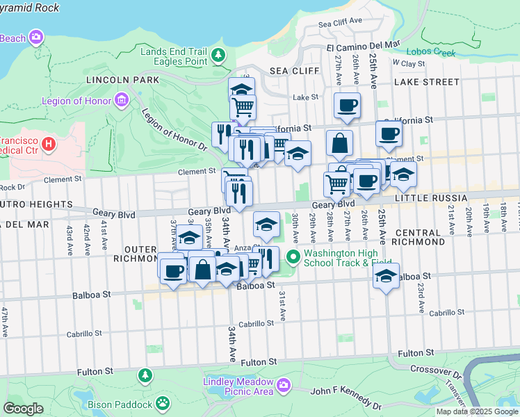 map of restaurants, bars, coffee shops, grocery stores, and more near Geary Blvd & 32nd Ave in San Francisco