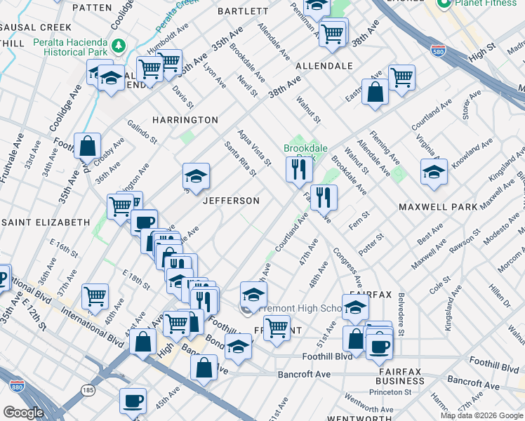 map of restaurants, bars, coffee shops, grocery stores, and more near in Oakland