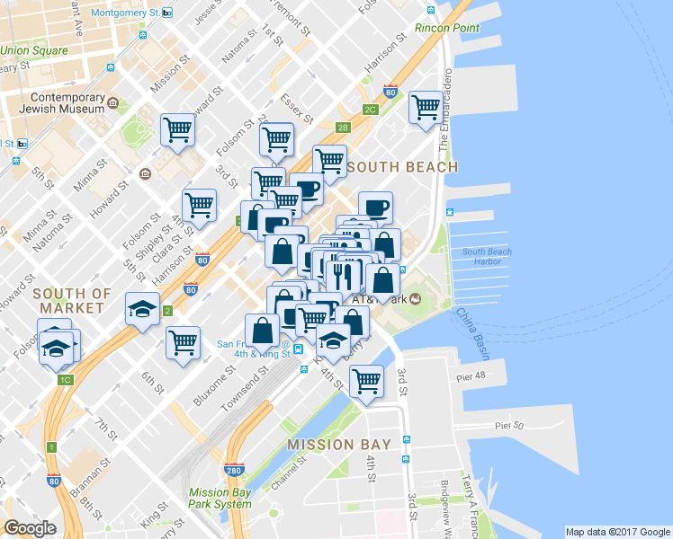 map of restaurants, bars, coffee shops, grocery stores, and more near 210 Townsend Street in San Francisco