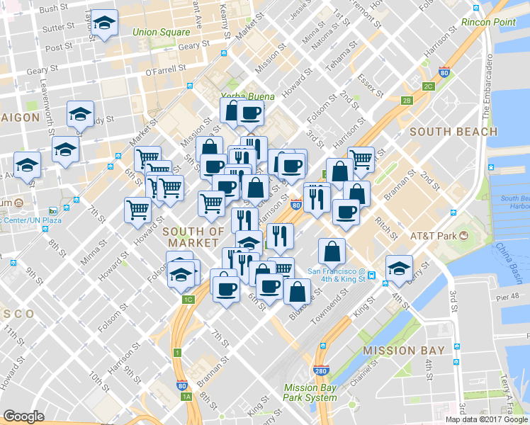 map of restaurants, bars, coffee shops, grocery stores, and more near 420 5th Street in San Francisco
