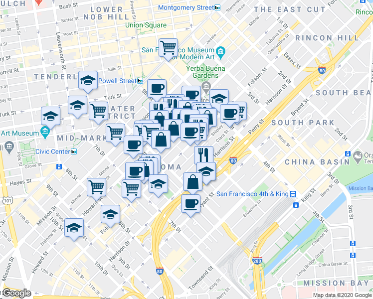 map of restaurants, bars, coffee shops, grocery stores, and more near 965 Folsom Street in San Francisco