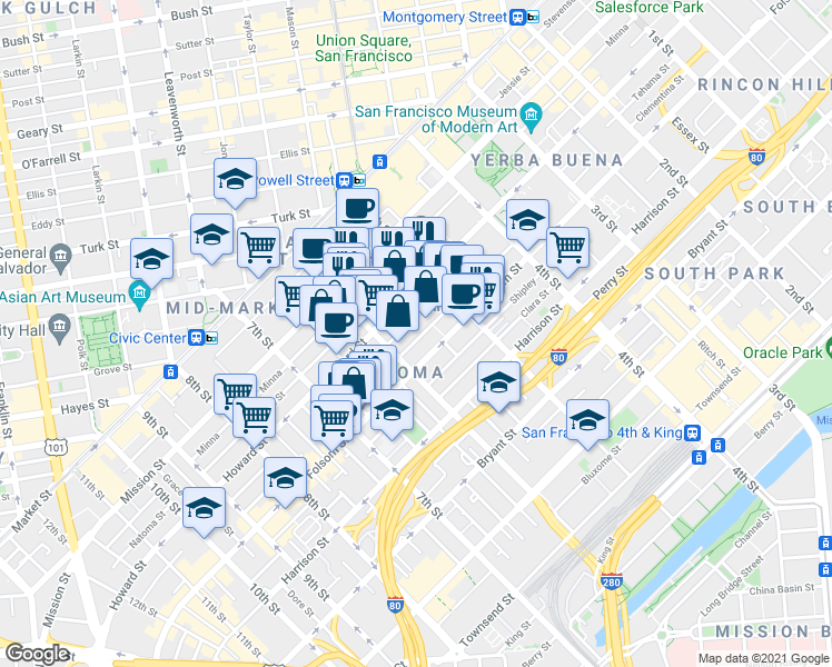 map of restaurants, bars, coffee shops, grocery stores, and more near 270 6th Street in San Francisco