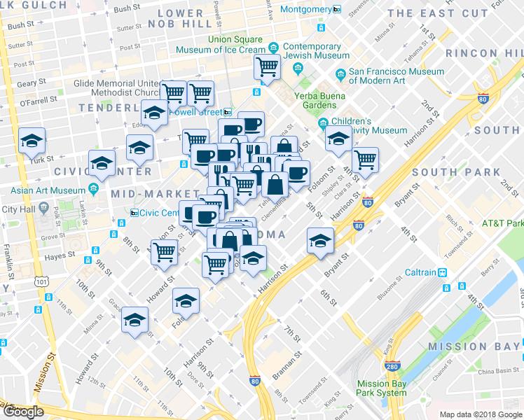 map of restaurants, bars, coffee shops, grocery stores, and more near 270 6th Street in San Francisco