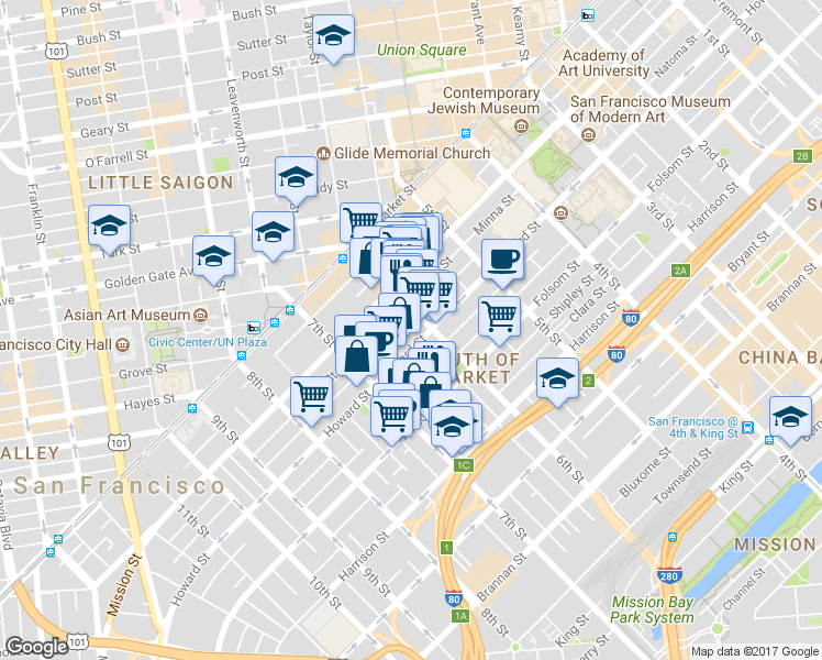 map of restaurants, bars, coffee shops, grocery stores, and more near 2 Harriet Street in San Francisco