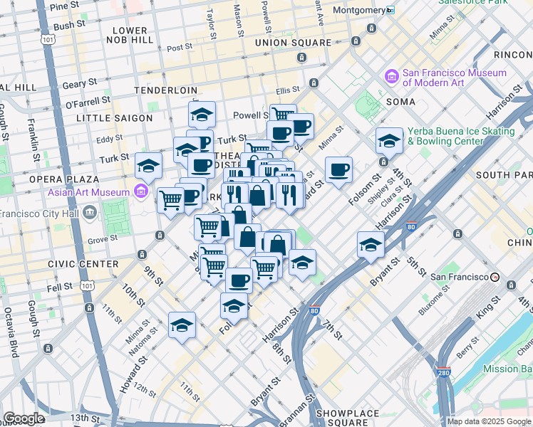 map of restaurants, bars, coffee shops, grocery stores, and more near 563 Natoma Street in San Francisco