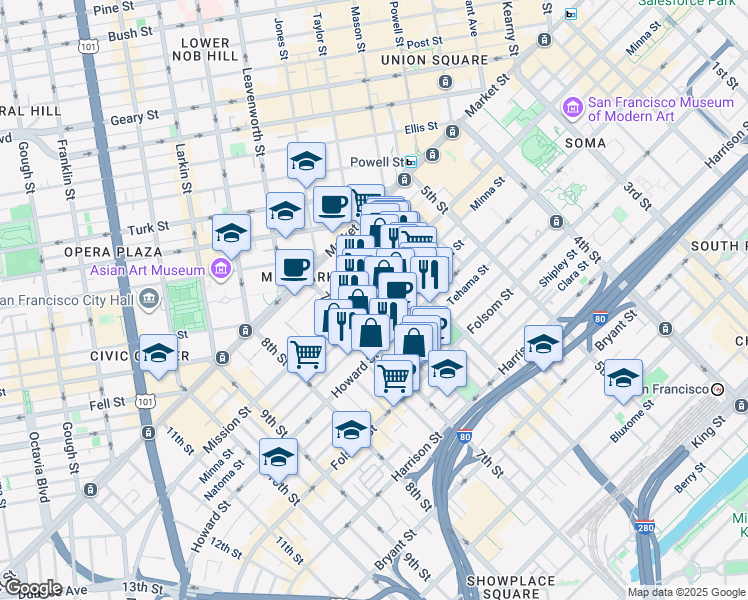 map of restaurants, bars, coffee shops, grocery stores, and more near 563 Natoma Street in San Francisco